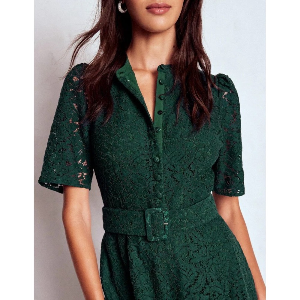 Boden Kate Puff Sleeve Lace Dress Dark Green Midi Dress size 8 New With Tags - Picture 4 of 6